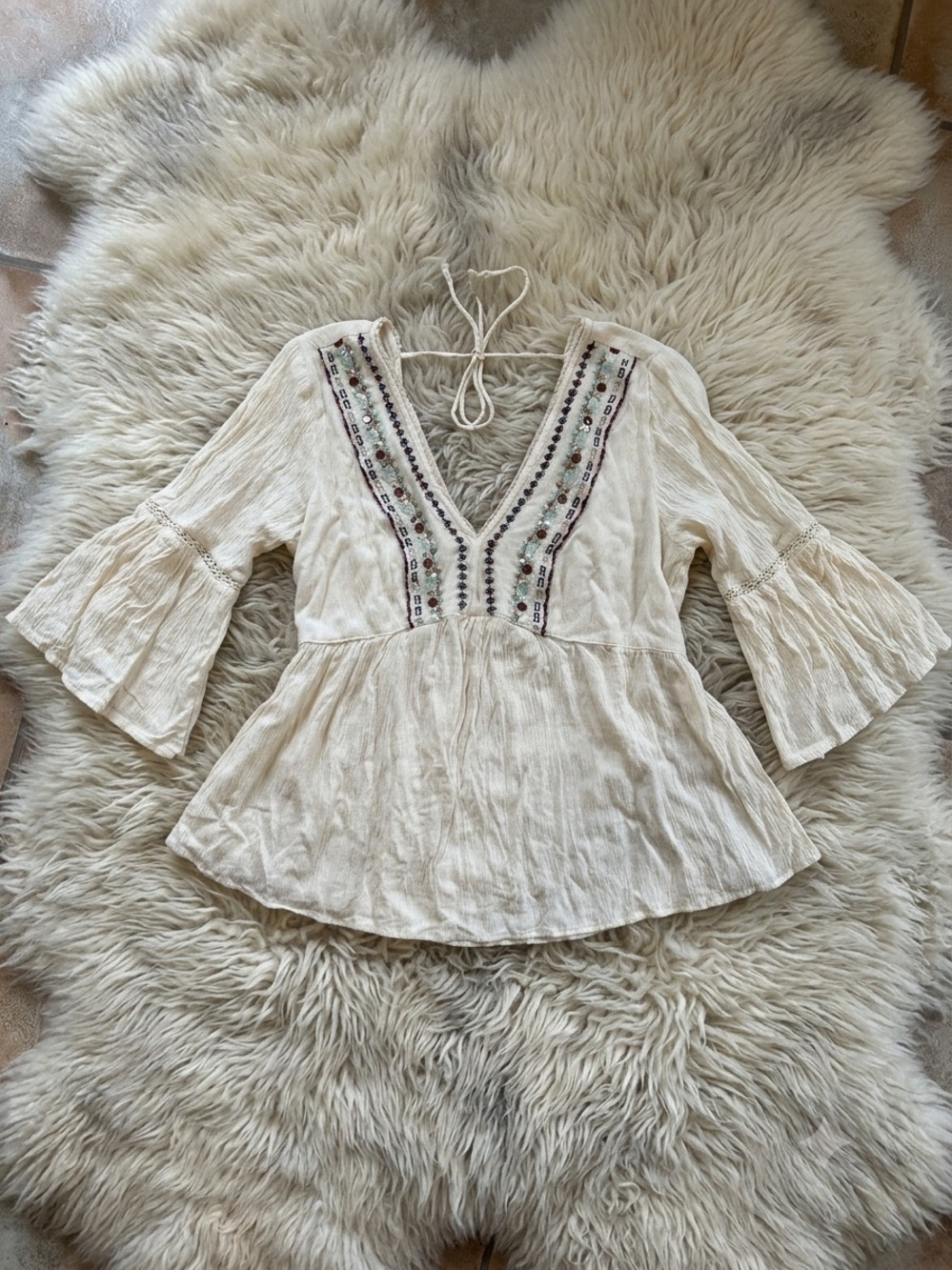 Bohemian V-Neck Tunic Top in Cream with Embroidered Trim